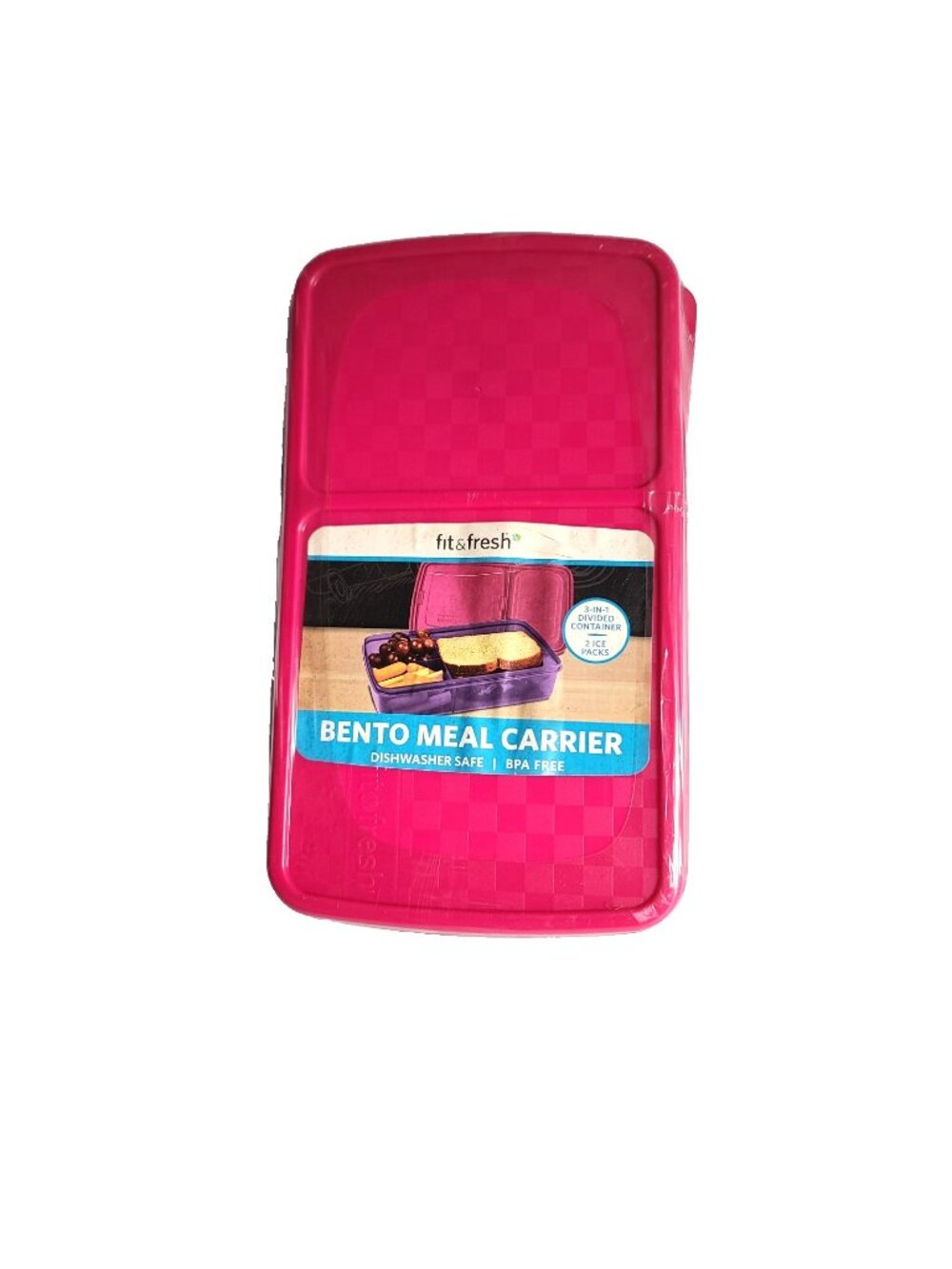 Fit & Fresh 4 Pc Bento Meal Carrier Pink 2 Snap In Ice Packs 3 Section w Lid NEW